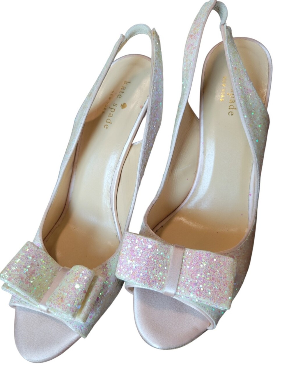 Kate Spade New York Charm Peep Toe White Glitter Sling Back Pumps Heels - Picture 3 of 9